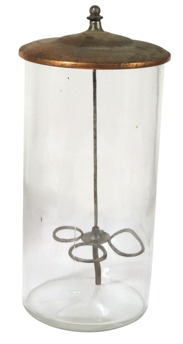 Soda Fountain Cone Dispenser, blown glass cylinder w/copper lid & cone holder rings (1 absent), VG: Soda Fountain Cone Dispenser, blown glass cylinder w/copper lid & cone holder rings (1 absent), VG cond noting loss, 14"H.