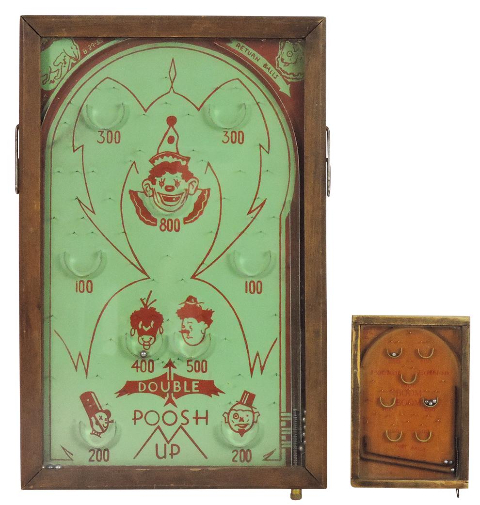 Toy Pinball Games (2), laptop double Poosh-Up w/circus theme & pocket Boom Boom, VG working cond,: Toy Pinball Games (2), laptop double Poosh-Up w/circus theme & pocket Boom Boom, VG working cond, larger 18"L.