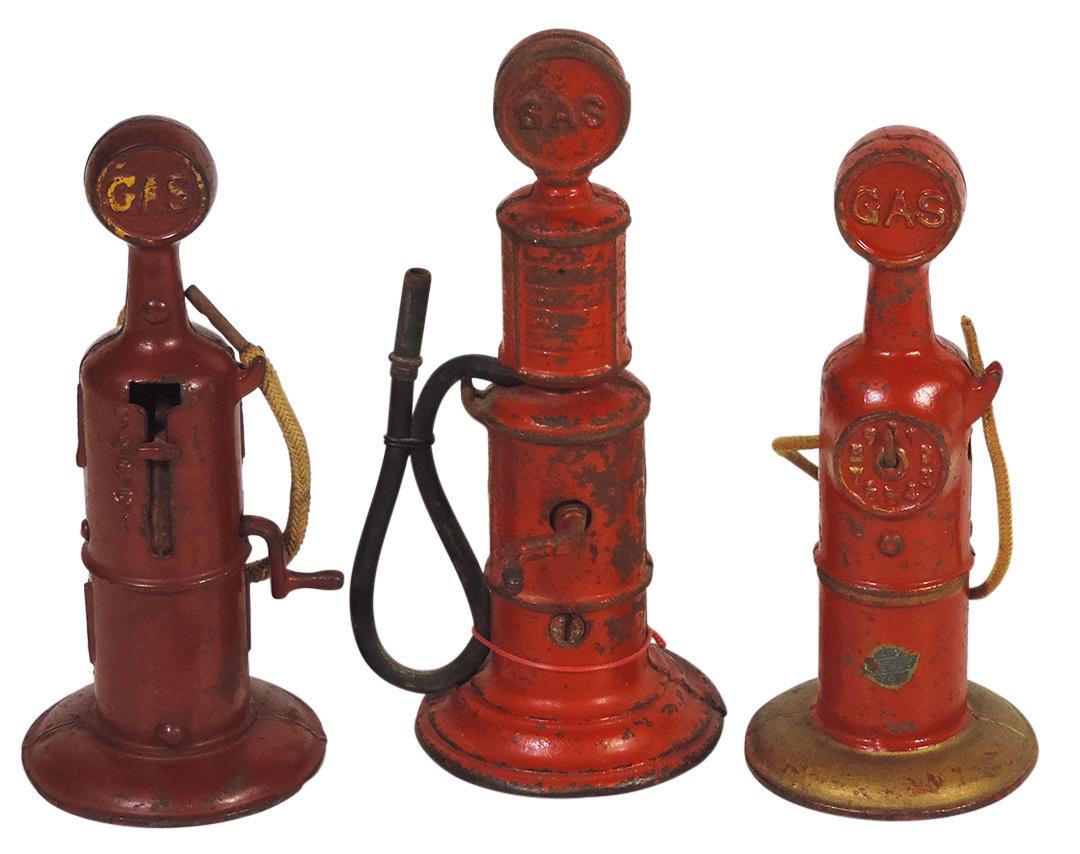 Toy Gas Pumps (3), cast iron, mfgd by Arcade w/mechanical indicators, VG cond w/wear, largest 7"H.: Toy Gas Pumps (3), cast iron, mfgd by Arcade w/mechanical indicators, VG cond w/wear, largest 7"H.