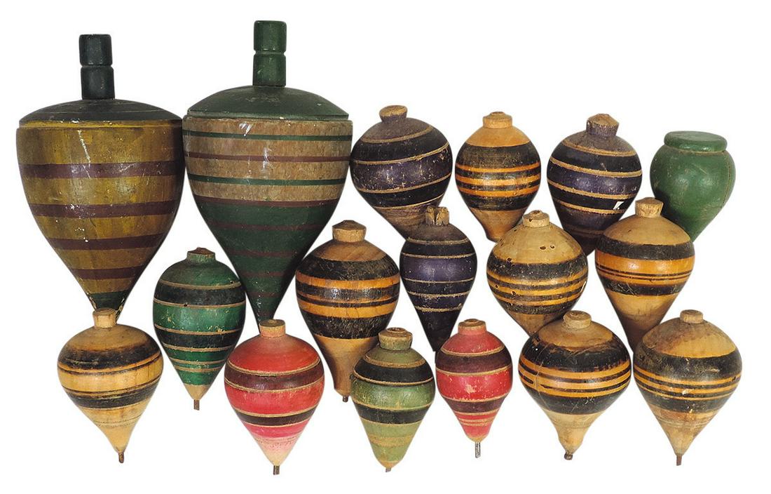 Toy Wood Spinning Tops (17), turned & painted in variety of sizes, Good to Exc cond, largest 6.5"H.: Toy Wood Spinning Tops (17), turned & painted in variety of sizes, Good to Exc cond, largest 6.5"H.