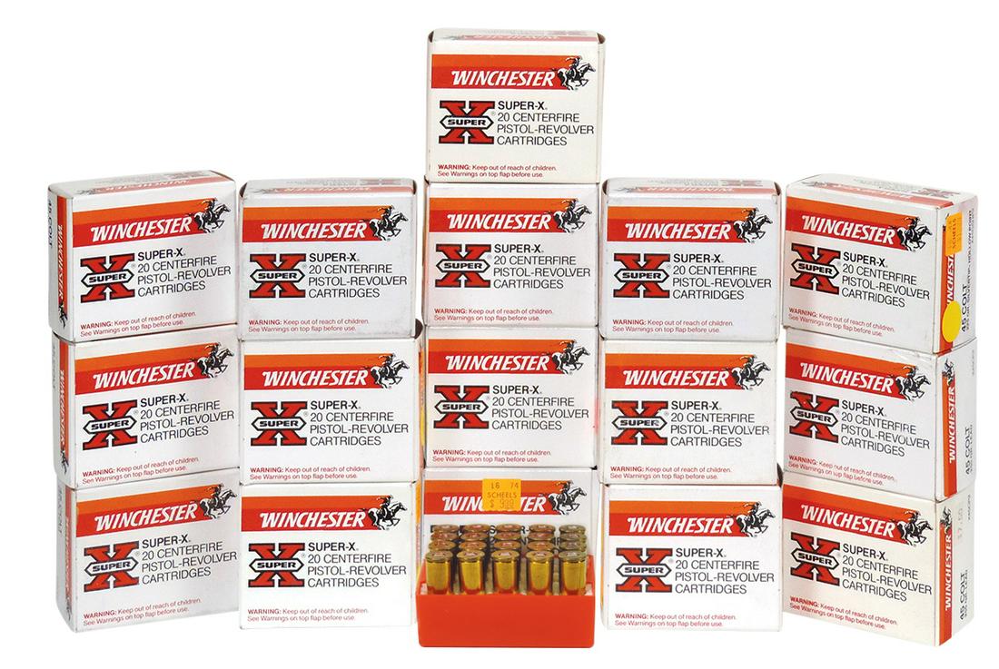 Ammunition (16 boxes), Winchester 45 Colt centerfire cartridges pistol-revolver, 20 each, New in: Ammunition (16 boxes), Winchester 45 Colt centerfire cartridges pistol-revolver, 20 each, New in Box.
