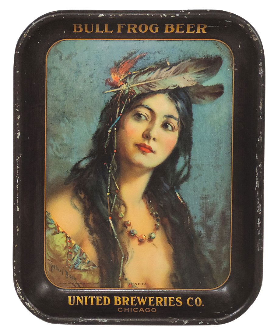 Breweriana Tray, Bull Frog Beer, from United Brewing-Chicago, litho on tin picturing Indian Princess: Breweriana Tray, Bull Frog Beer, from United Brewing-Chicago, litho on tin picturing Indian Princess "Ioneta", artwork by Raphael Beck & dated 1916 by American Art Works, VG+ cond w/great field, minor