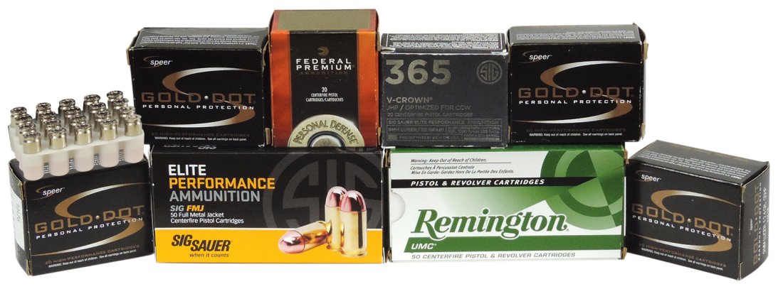 Ammunition (8) boxes, 9mm Luger, incl 50 rounds each Elite & Remington, 3 boxes Gold-Dot, 20 rounds: Ammunition (8) boxes, 9mm Luger, incl 50 rounds each Elite & Remington, 3 boxes Gold-Dot, 20 rounds ea, a 365 SIG, 20 rounds & Federal Hydra-Shok, 20 rounds, New in Box, largest 6"L.