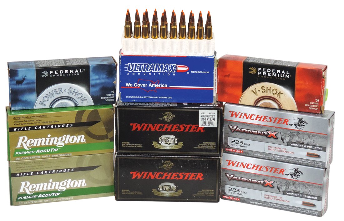 Ammunition (9) boxes-all 233 rem, 2 Winchester polymer tip, 2 Remington Ballistic silvertip, 2 Remin: Ammunition (9) boxes-all 233 rem, 2 Winchester polymer tip, 2 Remington Ballistic silvertip, 2 Remington Accutip-V, Federal V-shok & Power-shok, 20 rnds ea & Ultramax ballistic, 20 rounds, New in Box,