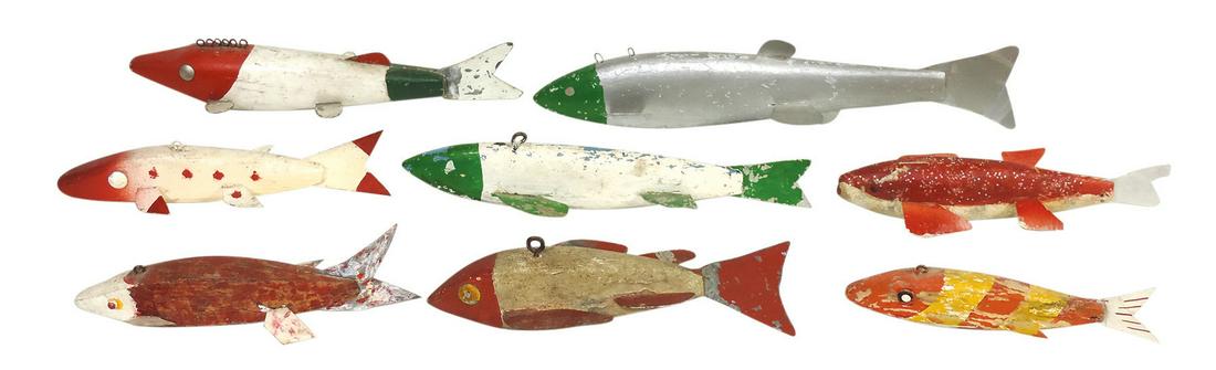 Fishing (8), folk art ice decoys, hand-carved & polychrome wood w/metal fins, tails & belly weights, (1 of 1)