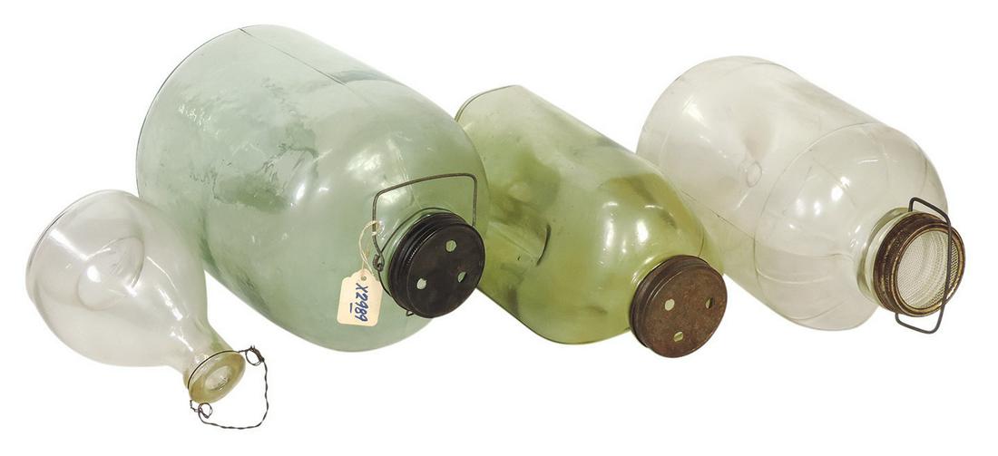 Fishing (4), glass minnow & fly traps, all unmarked, incl two green, one w/pinched handles, clear (1 of 1)