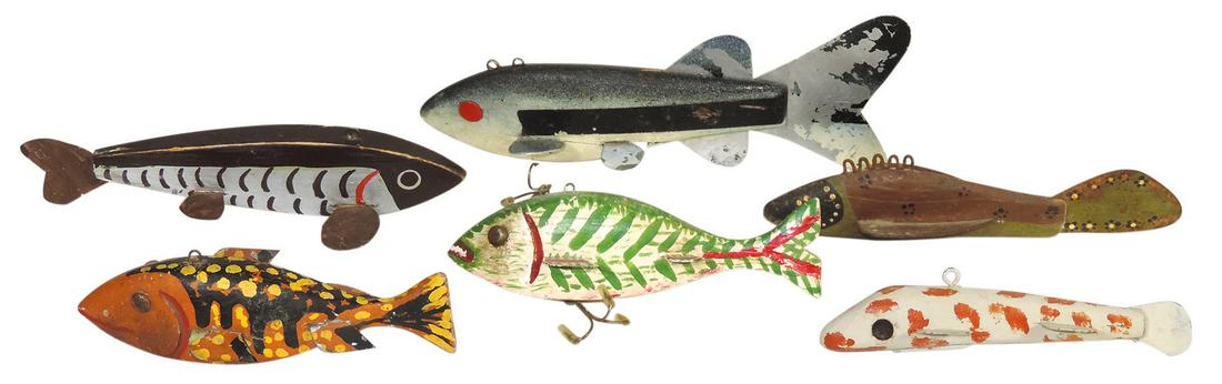 Fishing (6), folk art ice decoys, carved & polychrome wood w/metal fins & lead belly weights, 3 (1 of 1)
