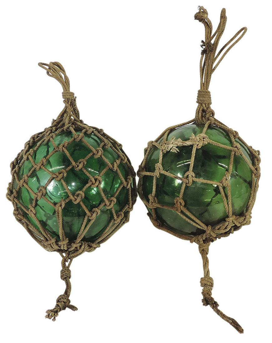 Fishing (2), nautical glass floats, blown green glass w/rope netting, VG cond, both 12"Dia. (1 of 1)