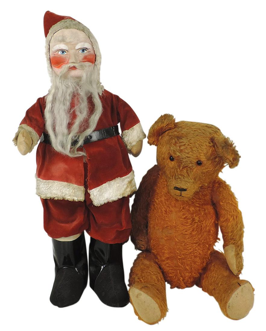 Christmas Santa Doll & Teddy Bear (2), Santa w/hard excelsior stuffed body & red cotton velvet suit (1 of 1)