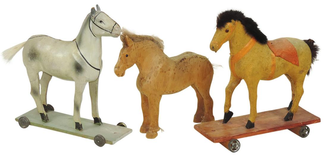 Pull Toy Animals (3), felt-covered horse on wheels, pressed paper horse on wheels marked Germany & (1 of 1)