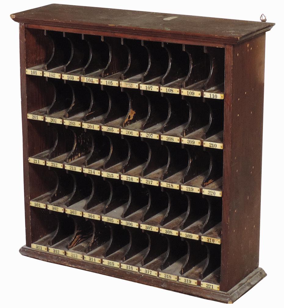 Hotel Clerk's Pigeon Hole Key File, oak w/50 celluloid tile numbered divisions for 3 floors, Good+ (1 of 1)