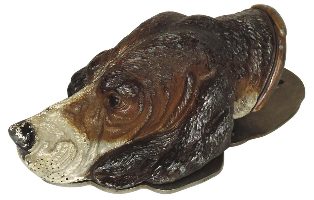 Dog's Head Letter Holder, polychrome cast metal w/spring, on nickeled-copper wall plate, VG cond (1 of 2)
