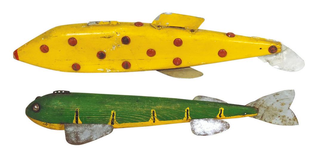 Fishing (2), folk art spearing decoys, carved & painted wood w/aluminum body fins, 1 spotted w/red (1 of 1)