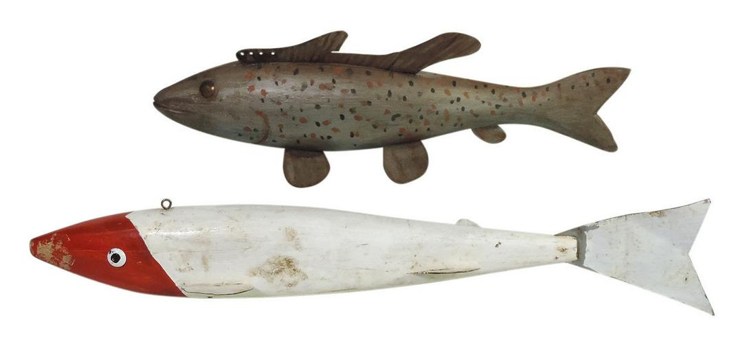Fishing (2), folk art spearing decoys, carved & painted wood w/metal fins & lead weights, 1 in the (1 of 1)