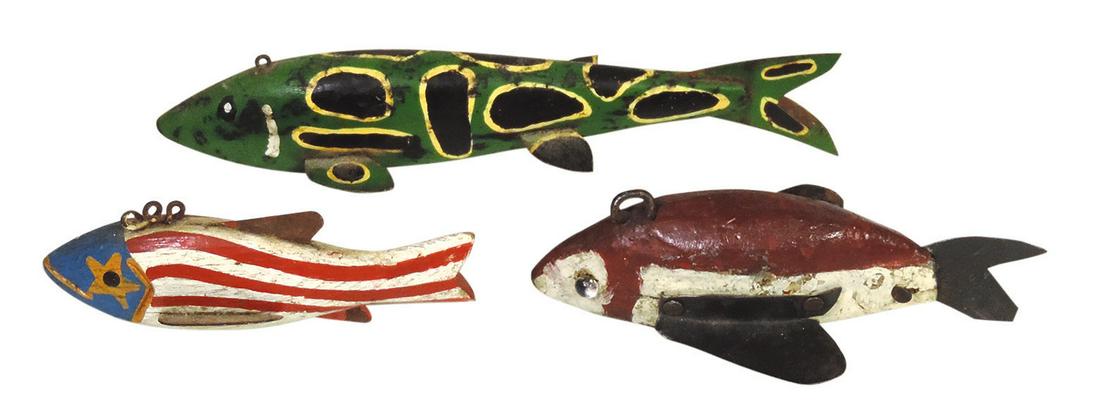 Fishing (3), folk art ice decoys, early carved & painted wood red back w/glass eyes, tack mounted (1 of 1)