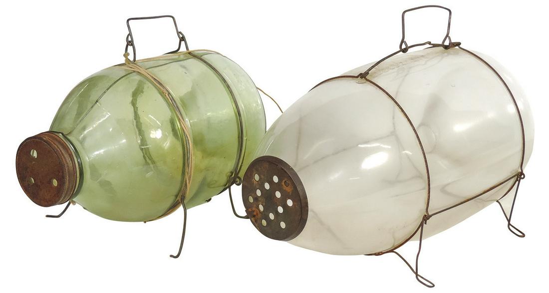 Fishing (2), glass minnow traps, blown glass w/wire handles & feet, clear early "Shakespeare" (1 of 1)