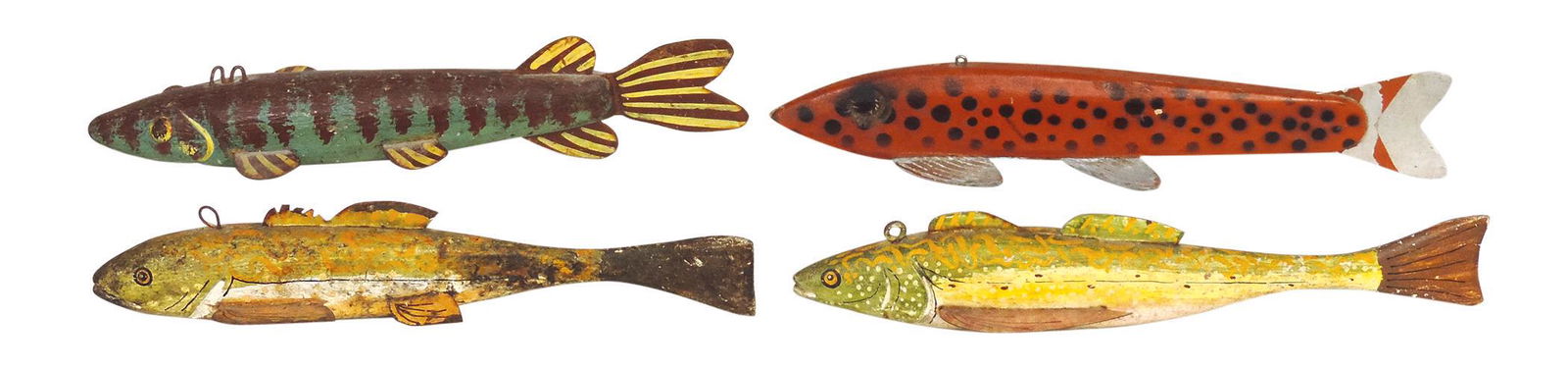 Fishing (4), folk art ice decoys, hand-carved & polychrome wood w/tin fins & lead belly weights, 1 (1 of 1)