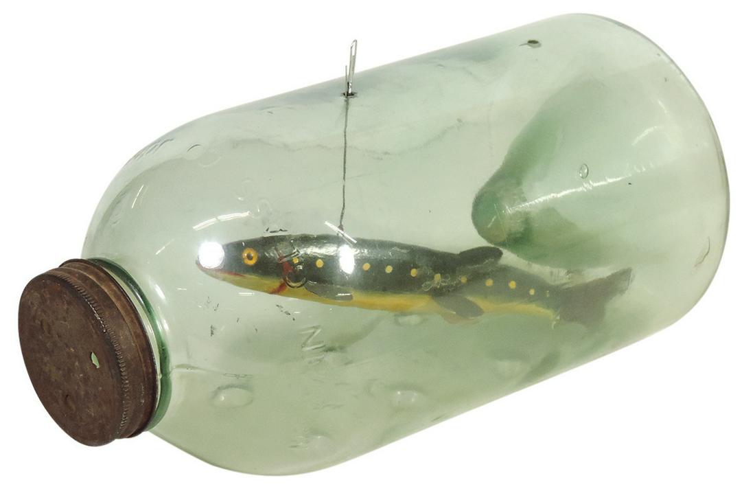 Fishing, glass minnow trap, blown glass "McSwain Jr" w/painted wood glass-eyed lure, mfgd by McSwain (1 of 1)
