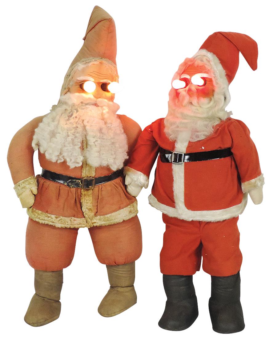 Christmas Santa Dolls (2), both w/mask faces & cloth stuffed bodies, 1 w/red flannel suit & unusual (1 of 1)