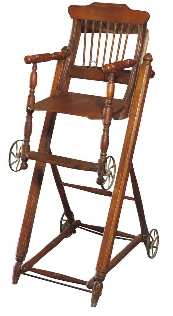 Child's Convertible Highchair/Stroller, oak w/seat sliding up & down on side rail channels, VG cond (1 of 2)