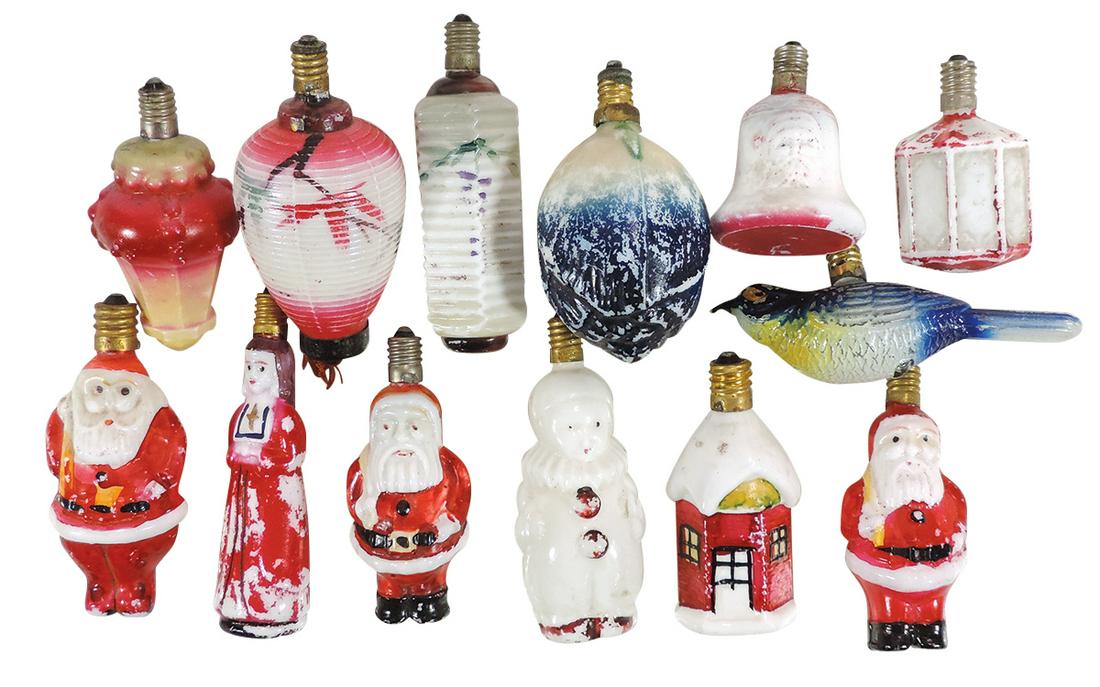 Christmas Figural Milk Glass Bulbs (13), Santas, Clown, Flower, Bird, Lanterns, Lady w/Cross, House: Christmas Figural Milk Glass Bulbs (13), Santas, Clown, Flower, Bird, Lanterns, Lady w/Cross, House & Santa Bell, all VG untested cond, some w/paint loss.