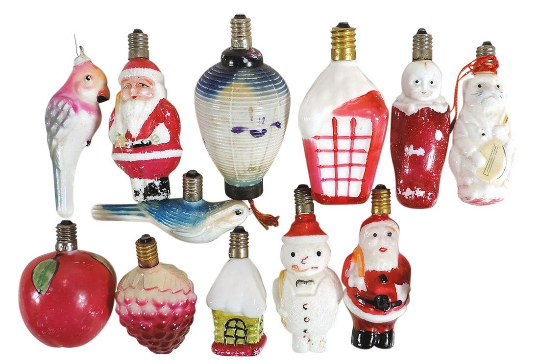 Christmas Figural Milk Glass Bulbs (12), Santas, Snowman, Dog, Baby, Fruit, Lantern, Birds & House, (1 of 1)