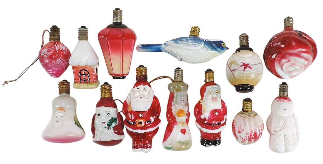 Christmas Figural Milk Glass Bulbs (13), Santas, Snowman, Flowers, Bird, Lady w/Robe, Lanterns,: Christmas Figural Milk Glass Bulbs (13), Santas, Snowman, Flowers, Bird, Lady w/Robe, Lanterns, House & Santa Bell, all VG untested cond, some w/paint loss.
