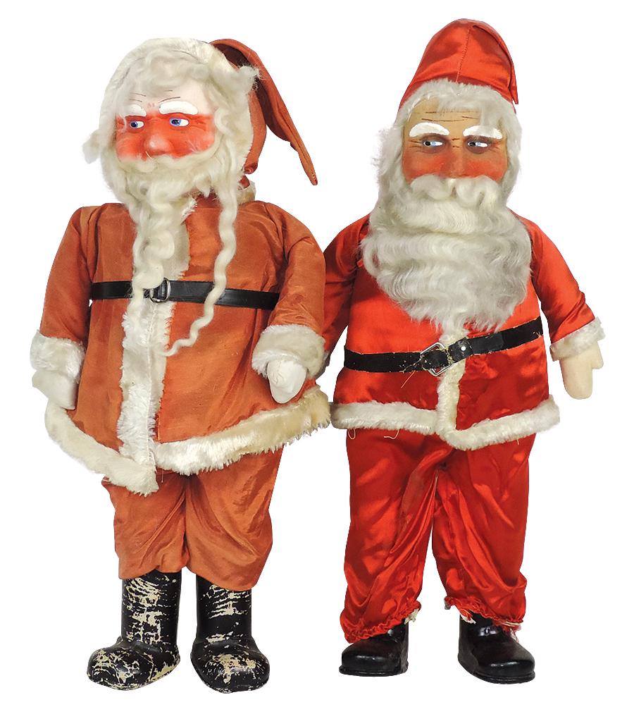 Christmas Santa Dolls (2), hand-painted mask faces, rayon red suits & straw-stuffed bodies w/mohair (1 of 1)