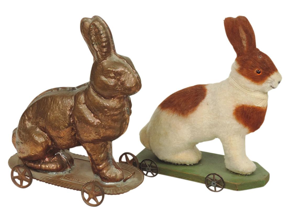 Pull Toy Bunny Figures (2), artist-made mohair rabbit & copper rabbit signed "Michael Bonne": Pull Toy Bunny Figures (2), artist-made mohair rabbit & copper rabbit signed "Michael Bonne" #102/500, Exc cond, larger 11"H.