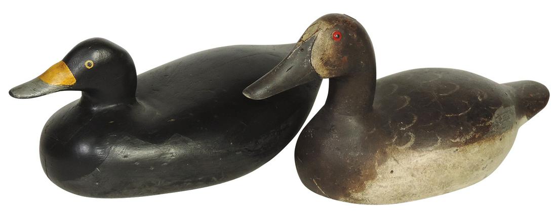 Decoys (2), older carved & painted wood Black Duck & later Mallard Hen w/red glass eyes w/DH branded (1 of 1)