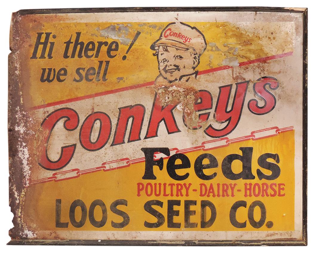 Feed Store Advertising Sign, Conkey's Feeds, litho on tin w/wood frame, Fair-decorative cond (1 of 1)