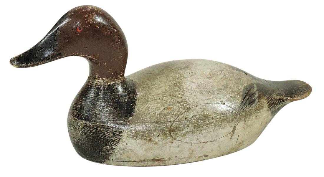 Duck Decoy, Evens Mammoth Canvas Back, hollow wood w/glass eyes, c.1928, VG used cond w/orig paint, (1 of 1)