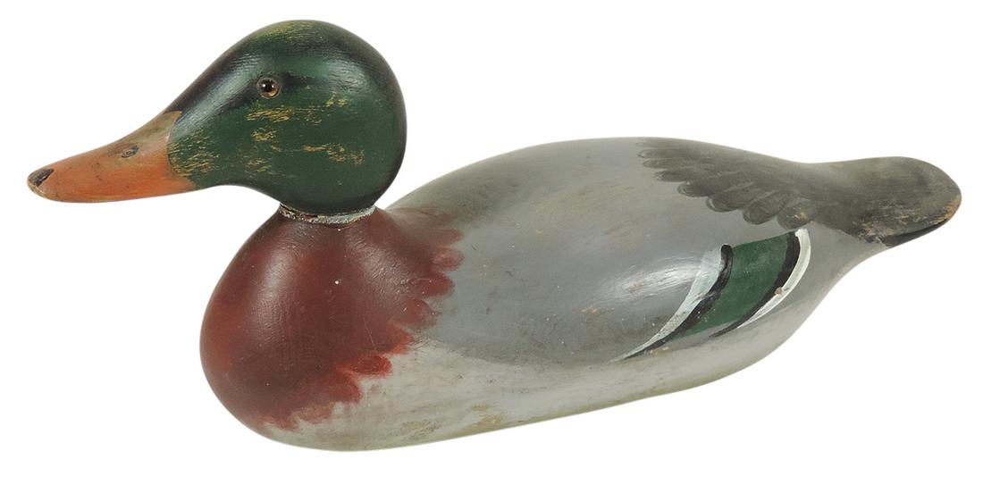 Duck Decoy, Mason Mallard, carved wood w/glass eyes, later repaint, Exc cond, 16"L.: Duck Decoy, Mason Mallard, carved wood w/glass eyes, later repaint, Exc cond, 16"L.