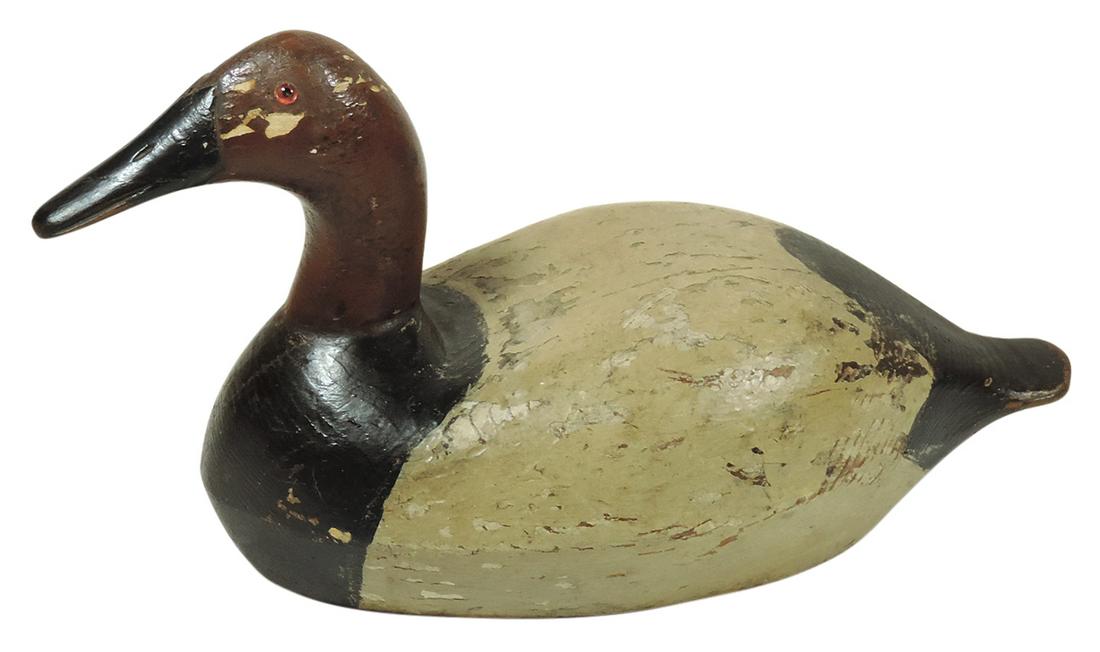 Duck Decoy, Wisconsin Canvas Back, wood w/glass eyes & orig paint, c.1920, VG used cond, 16"L. (1 of 1)