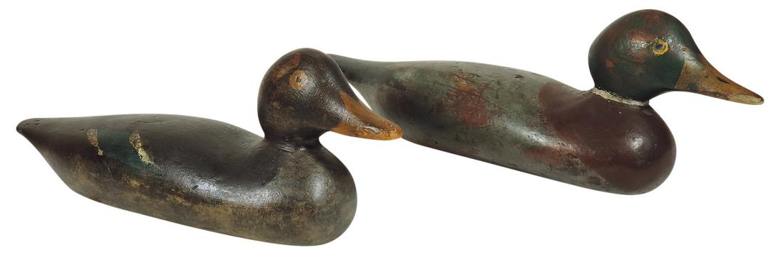 Duck Decoys (2), Mason Painted Eye hen & drake, carved wood, drake has lead plate at center bottom, (1 of 1)
