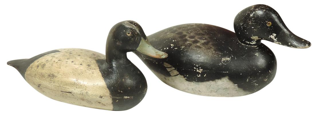 Duck Decoys (2), Pratt Bluebill, c.1925 & Elliston Blue Bill, c.1923, carved wood, both w/glass eyes (1 of 1)