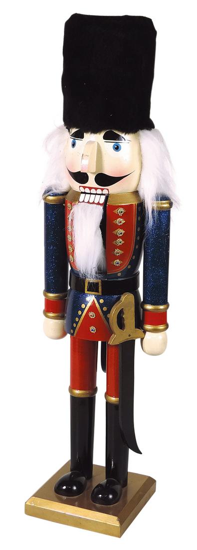 Christmas Nutcracker, polychrome wood figure w/levered jaw, Contemporary, Exc cond, 30"H.: Christmas Nutcracker, polychrome wood figure w/levered jaw, Contemporary, Exc cond, 30"H.