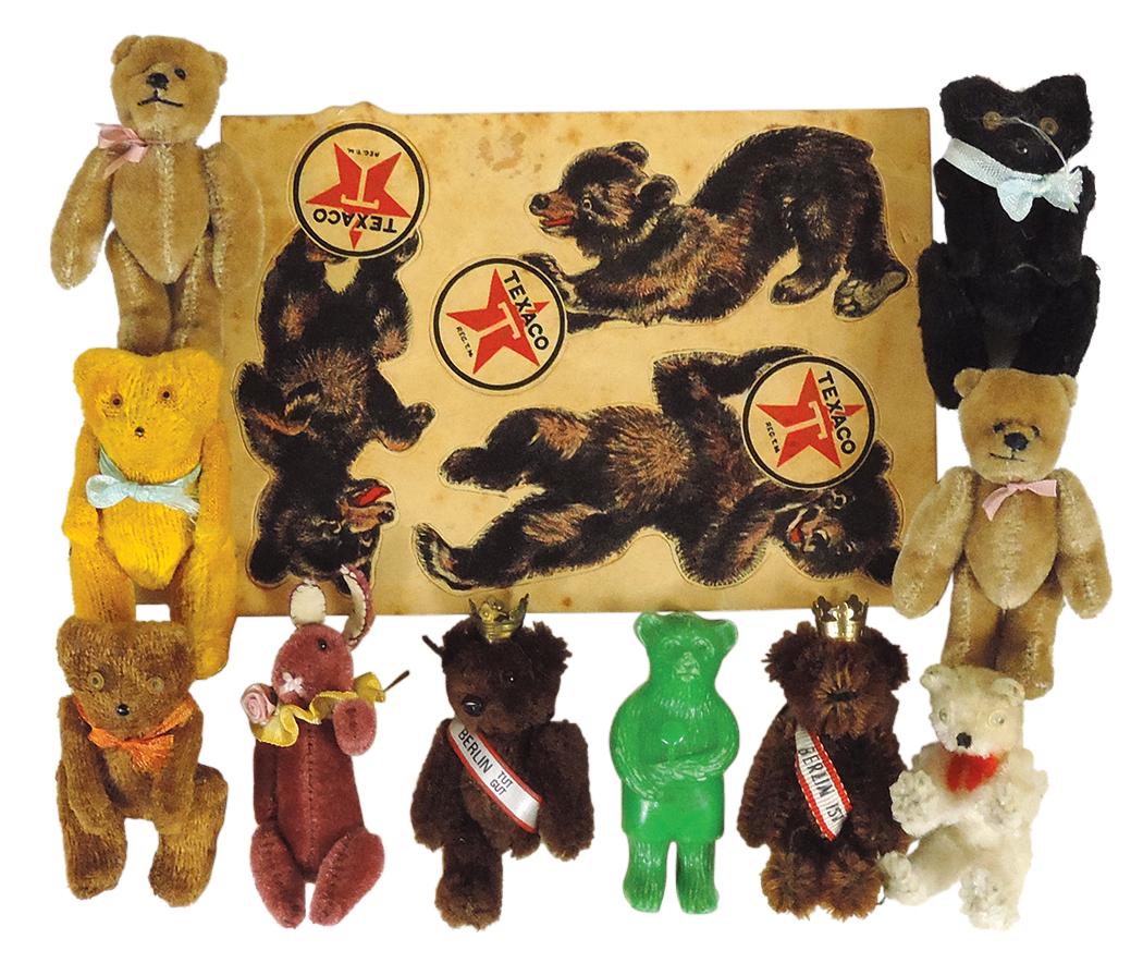 Teddy Bears (11), various miniatures, incl 2 Berlin bear pins (as is), jointed 1950 Japan, newer (1 of 1)