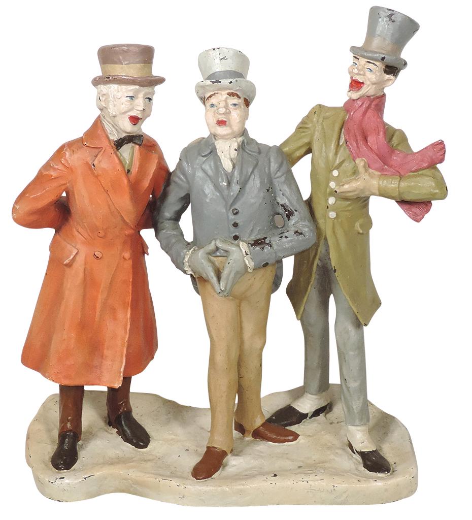 Christmas Window Display, Christmas Carolers on Snow-Like Base, painted composition, a gay trio in: Christmas Window Display, Christmas Carolers on Snow-Like Base, painted composition, a gay trio in VG cond w/minor paint flakes, 16"H x 14"W.