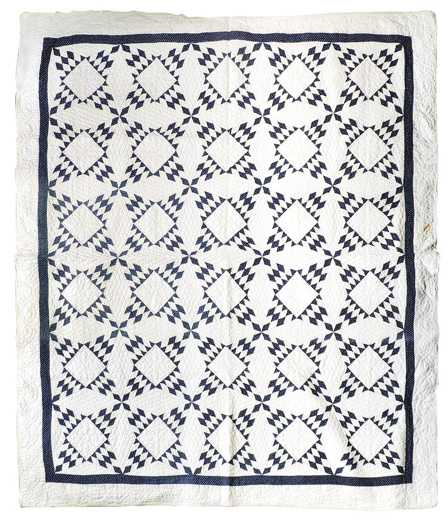 Quilt, 4-point star & diamond pieced blue & white, fully quilted w/quilted chain border, c.1920s, VG (1 of 1)