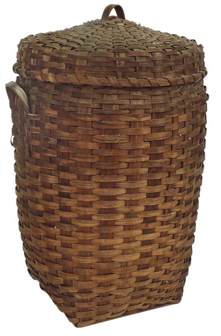 Basket, tall woven splint storage w/lid, natural patina darkened w/age, VG cond, 26"H. (1 of 1)