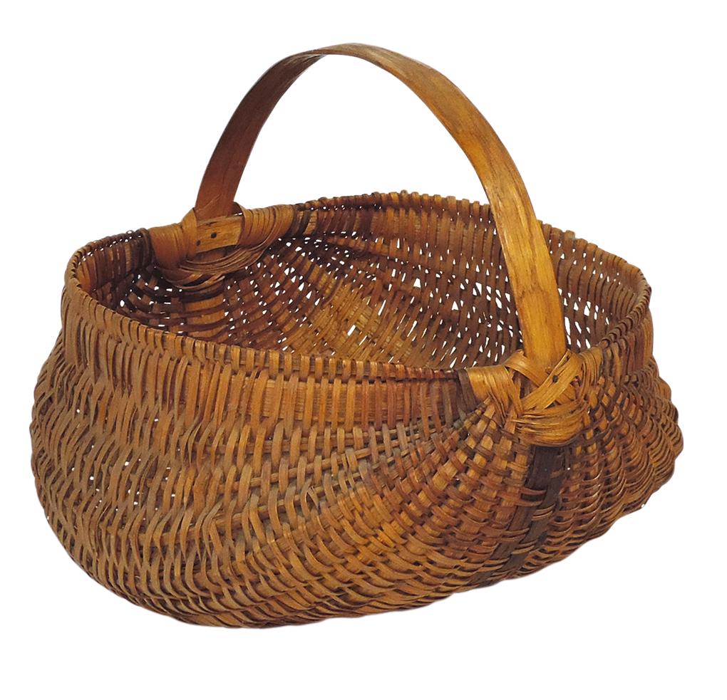 Basket, tightly woven narrow splint w/wooden handle, light varnish, c.1930s, VG cond, 13"H x 15"W. (1 of 1)