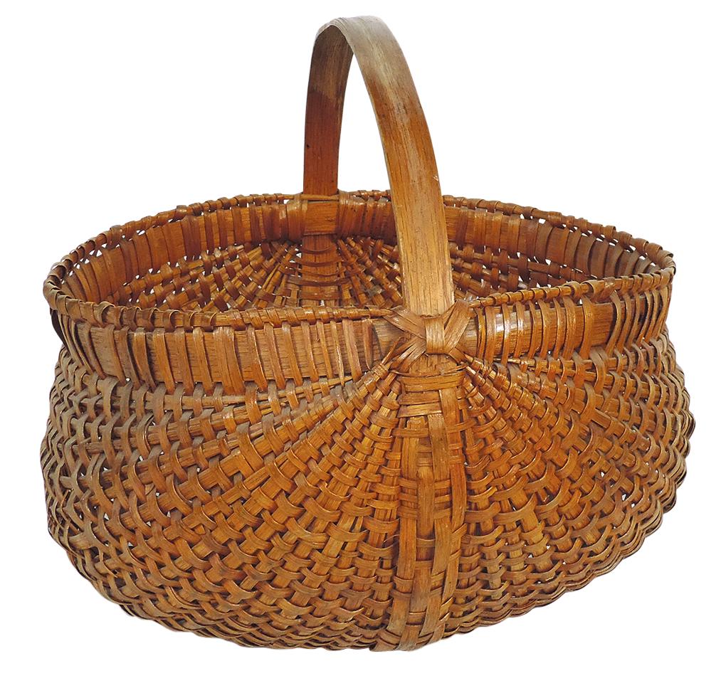 Basket, woven oak splint w/wooden handle, varnished, c.1920s, Good cond w/few small breaks, 18"Sq. (1 of 1)
