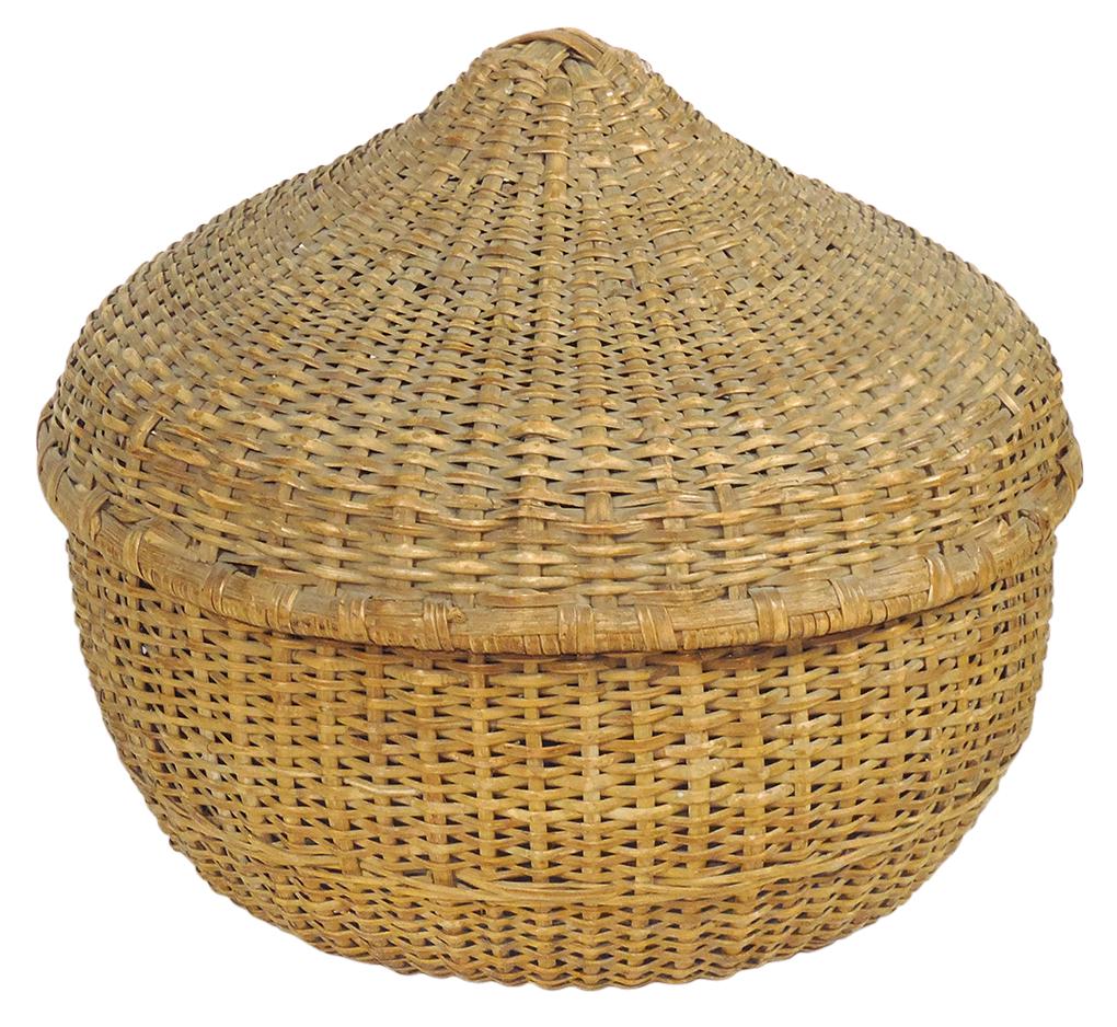 Basket, woven reed lidded storage basket, natural finish, c.1930s, VG cond w/well-fitting lid, 13"H (1 of 1)