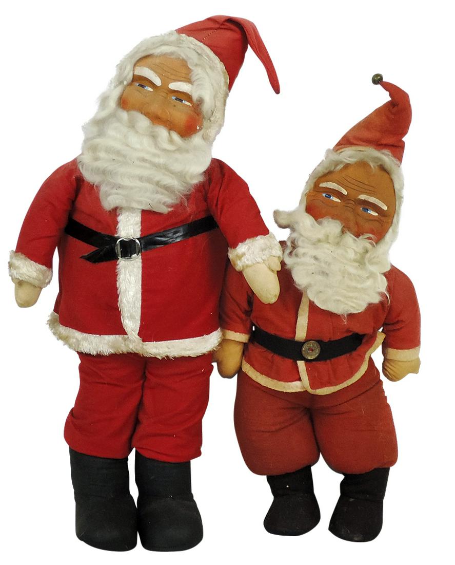 Christmas Santa Dolls (2), hand-painted mask faces, cotton red suits & hard stuffed bodies w/mohair (1 of 1)