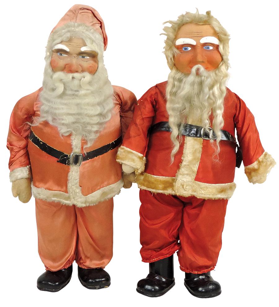 Christmas Santa Dolls (2), hand-painted mask faces, rayon red suits & straw-stuffed bodies w/mohair (1 of 1)
