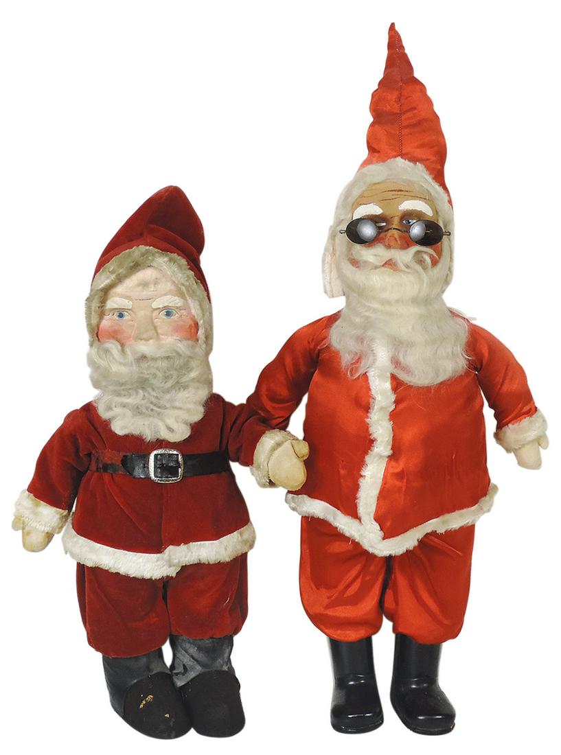 Christmas Santa Dolls (2), both w/mask faces w/hand-painted features, excelsior stuffed cloth (1 of 1)