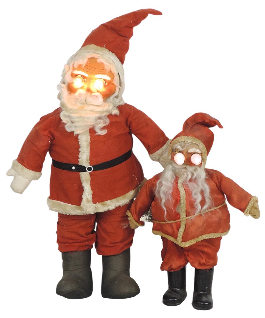Christmas Santa Dolls (2), hand-painted mask faces, mohair beards w/working electric eyes, (1 of 1)