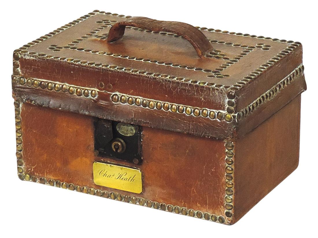 Militaria, English Leather Cap Case, inner label for maker John B. Baker w/brass name plate for (1 of 2)