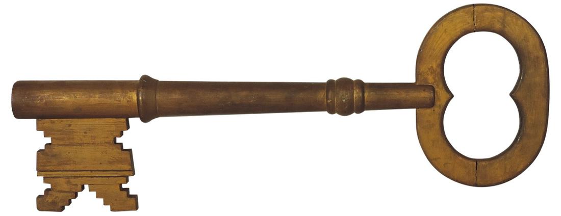 Locksmith's Trade Sign, carved wood Key w/remnants of gilt, early repairs to verso, 38"L. (1 of 1)